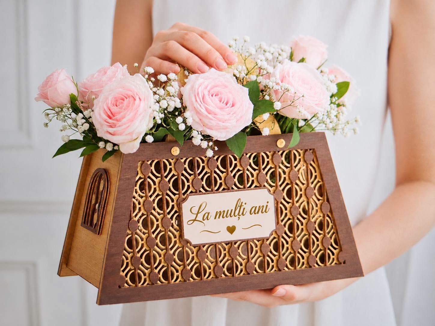 Geantă Florală din Lemn cu Trandafiri și Mesaj - imagine galerie