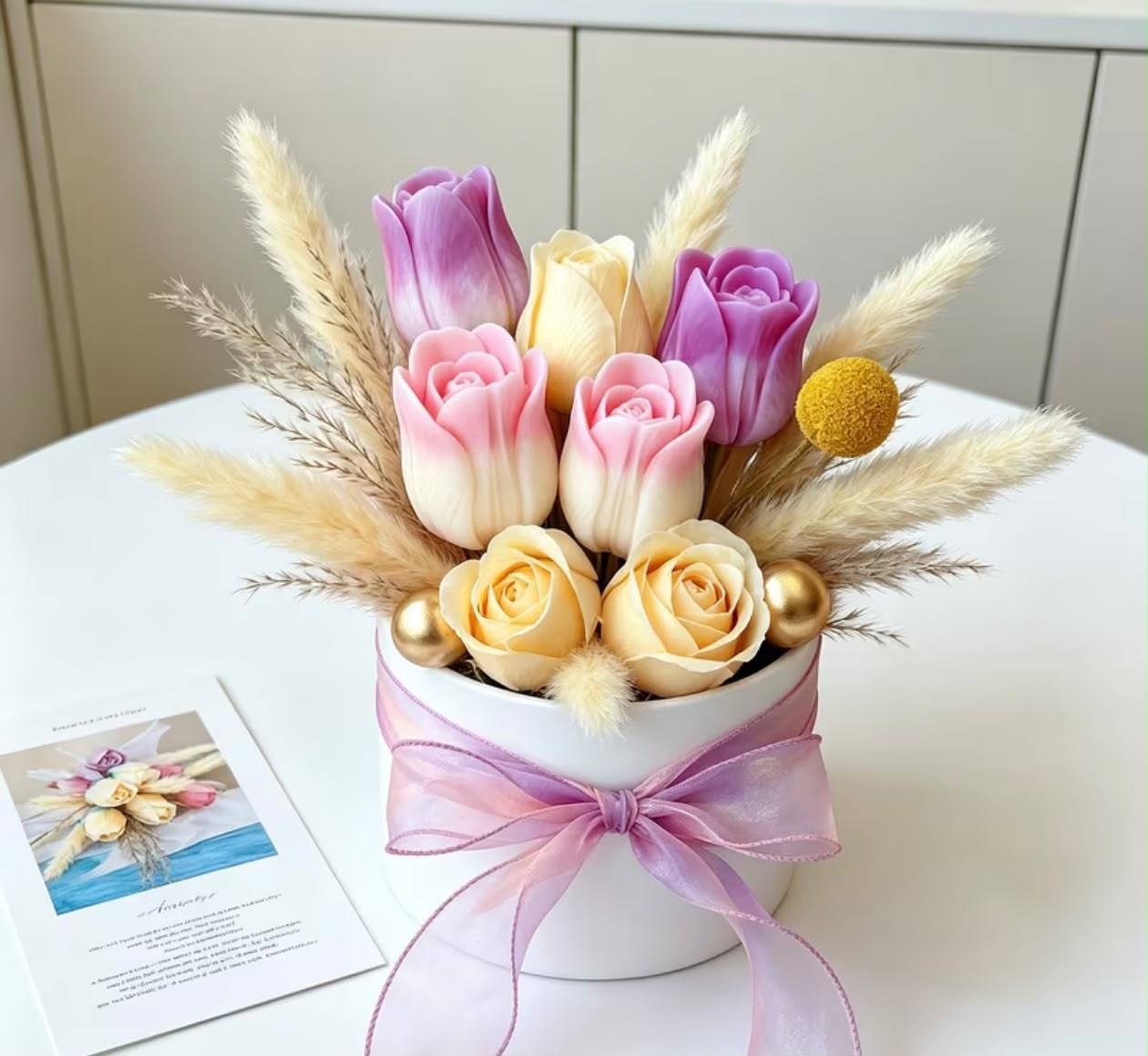 Aranjament floral în cutie rotundă cu lumânări trandafiri - imagine galerie