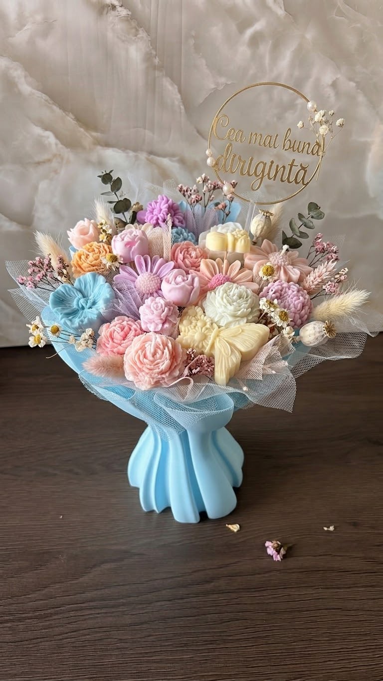 Buchet elegant cu flori de ceară și vas 3D decorativ - imagine galerie