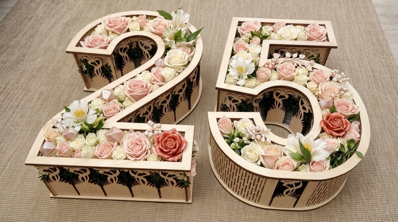 Cifre volumetrice din lemn cu aranjament floral personalizat – Disponibile pe orice dimensiune - imagine galerie