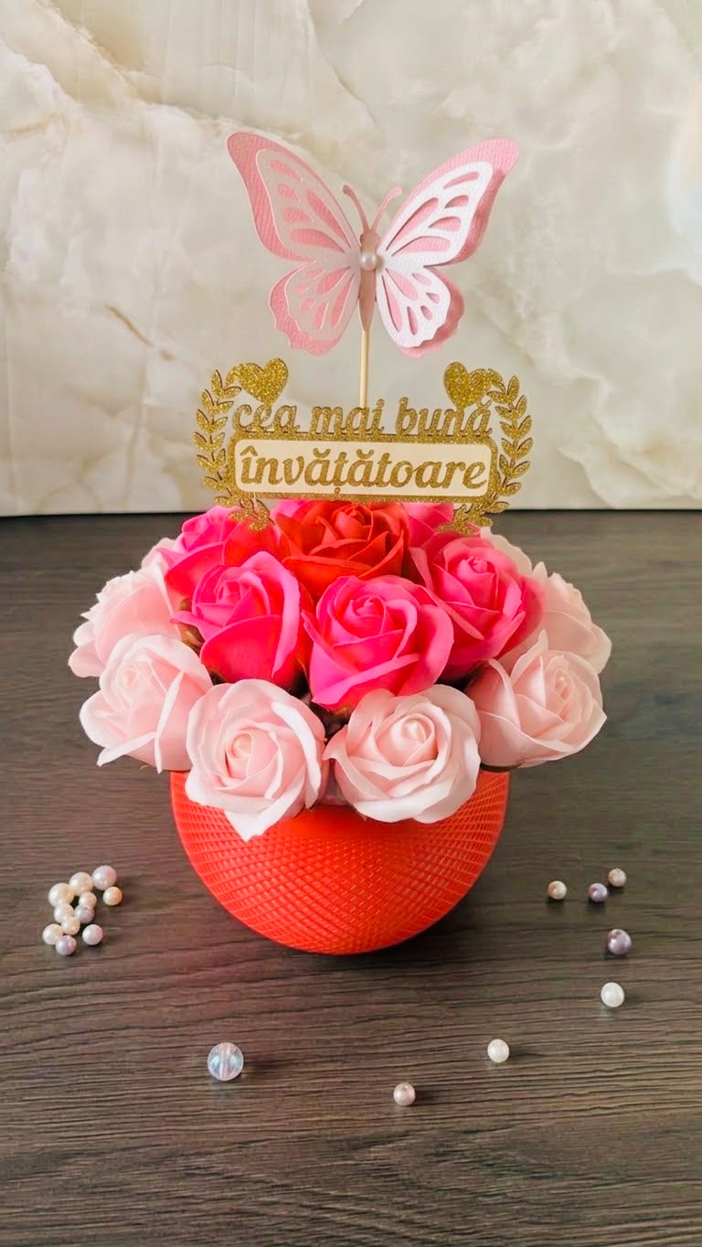 Aranjament floral în bol 3D reutilizabil – Trandafiri de săpun și mesaj personalizat - imagine galerie