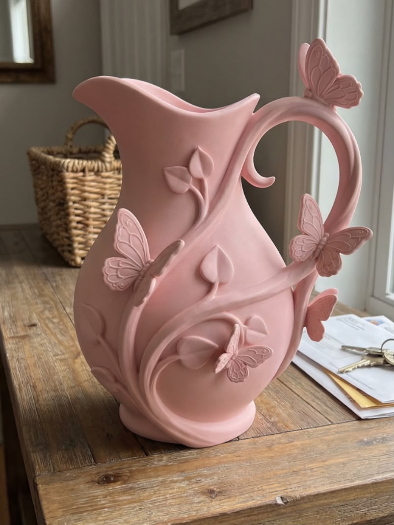 Vază / Ulcior decorativ 3D – Design elegant cu fluturi și motive vegetale - imagine galerie