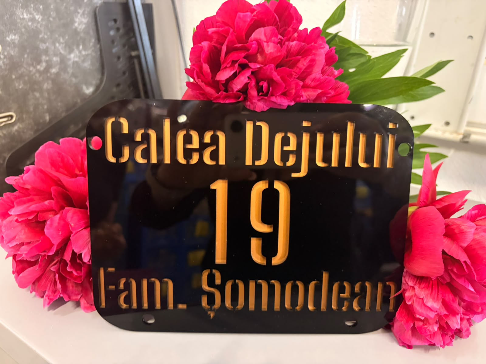Plăcuță personalizată pentru număr de casă sau apartament – Design elegant din acril negru/auriu - imagine galerie
