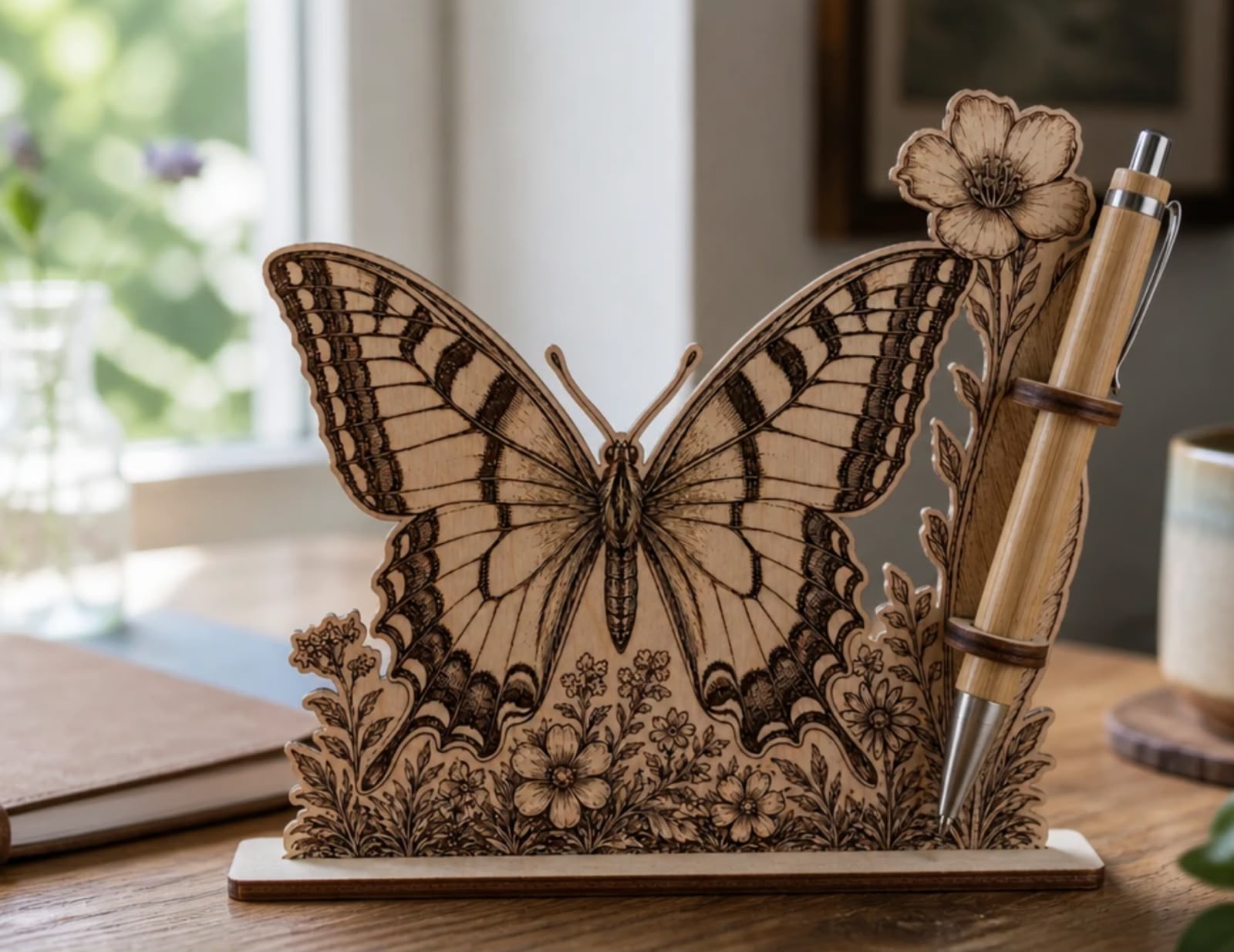 Suport decorativ pentru pix „Fluture” – lemn gravat - imagine galerie