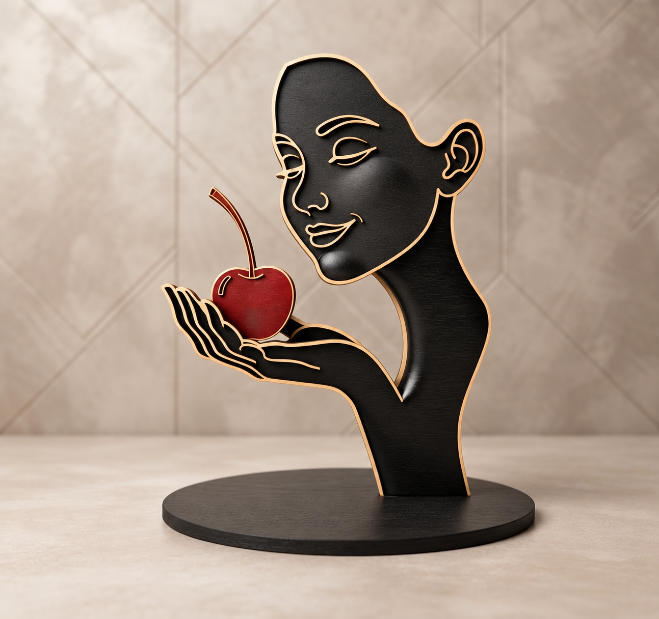 Statuetă Decorativă 3D din Lemn – Siluetă Feminină cu Cireașă - imagine galerie