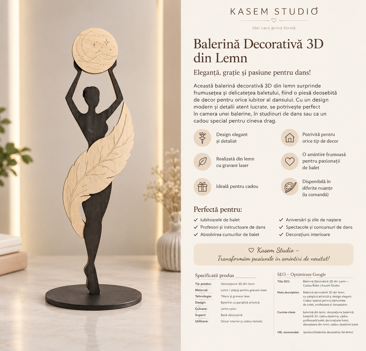 Statuetă Decorativă 3D din Lemn – Femeie cu Lună și Pană - imagine galerie