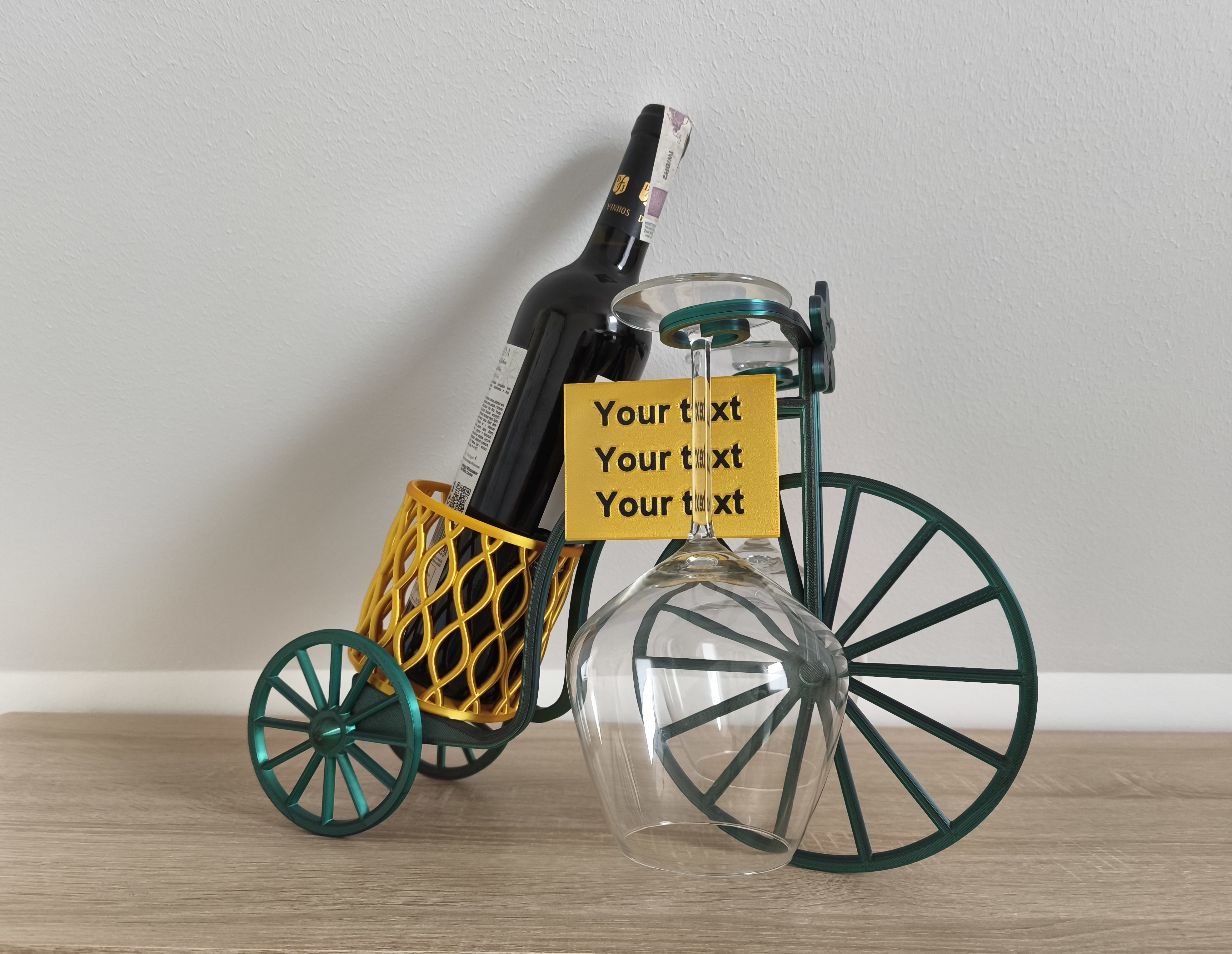 Suport pentru sticle în formă de tricicletă decorativă – Verde & Auriu - imagine galerie