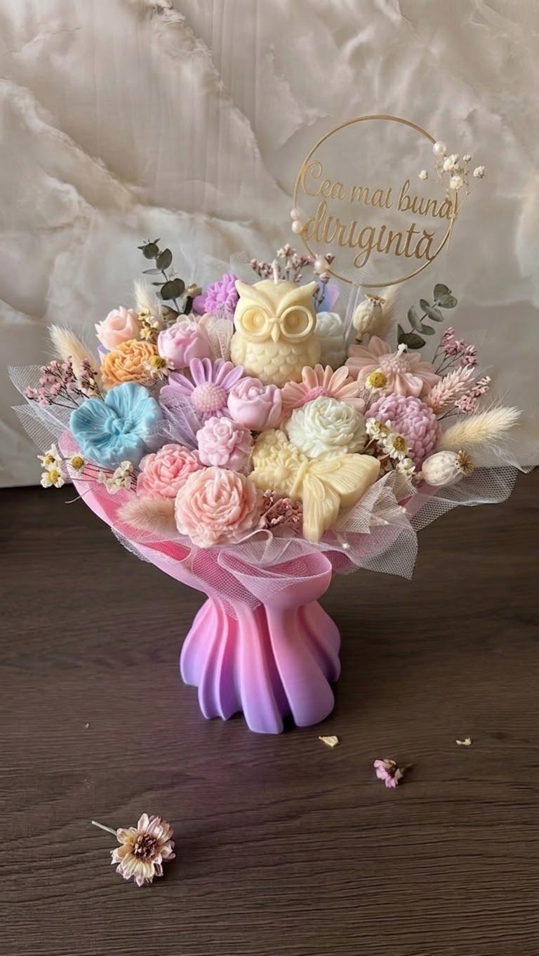 Buchet elegant cu flori de ceară și vas 3D decorativ - imagine galerie