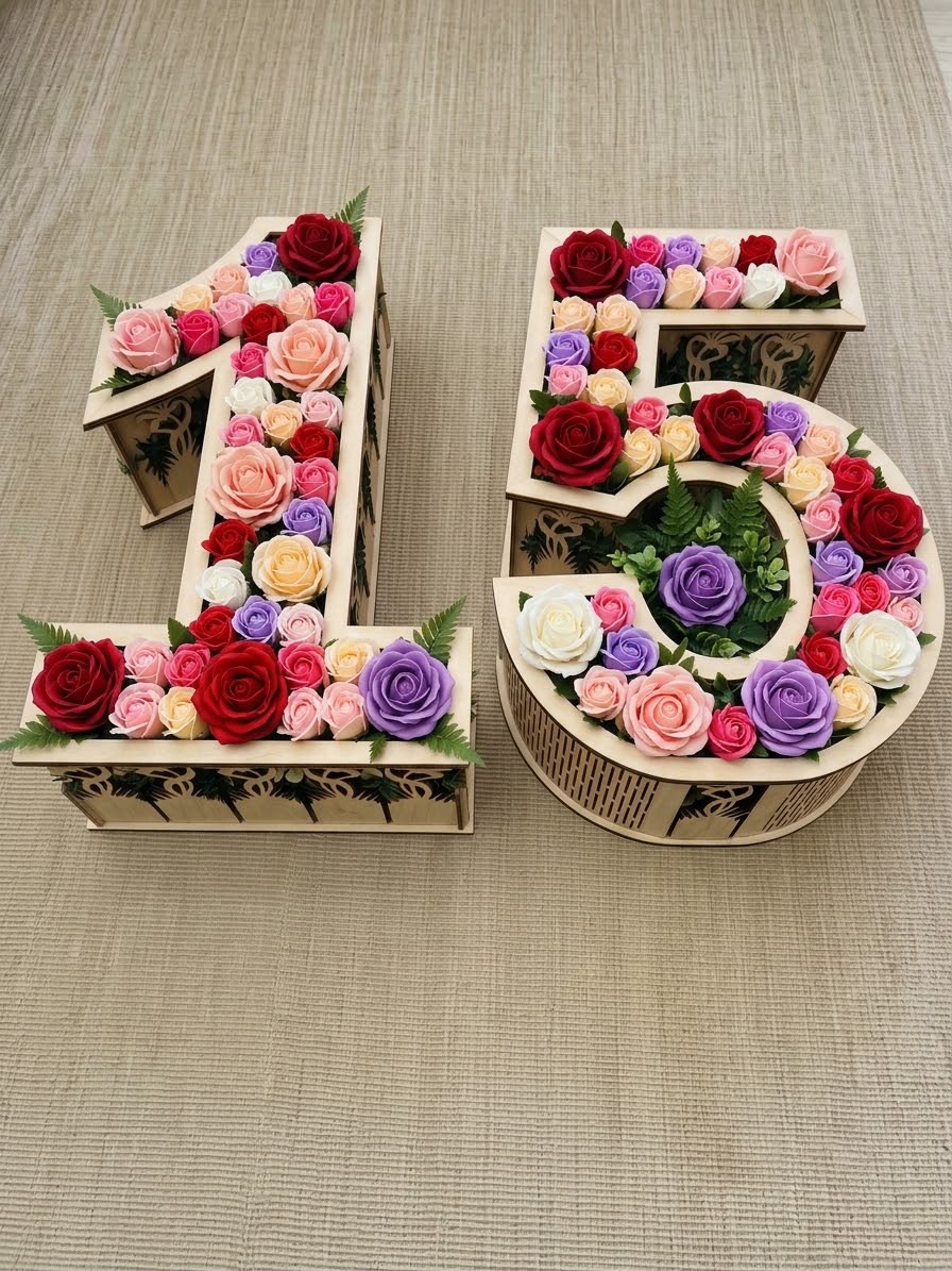 Cifre volumetrice din lemn cu aranjament floral personalizat – Disponibile pe orice dimensiune - imagine galerie