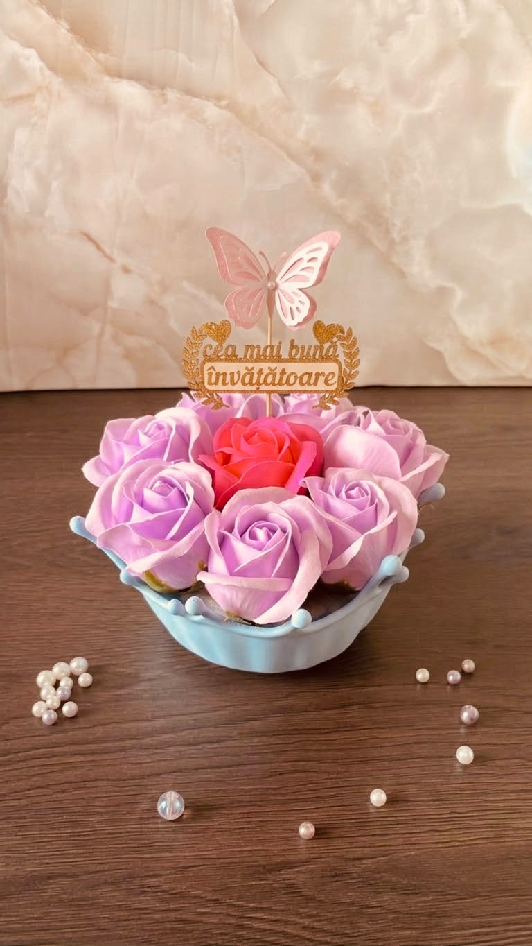 Aranjament floral în bol 3D reutilizabil – Trandafiri de săpun și mesaj personalizat - imagine galerie