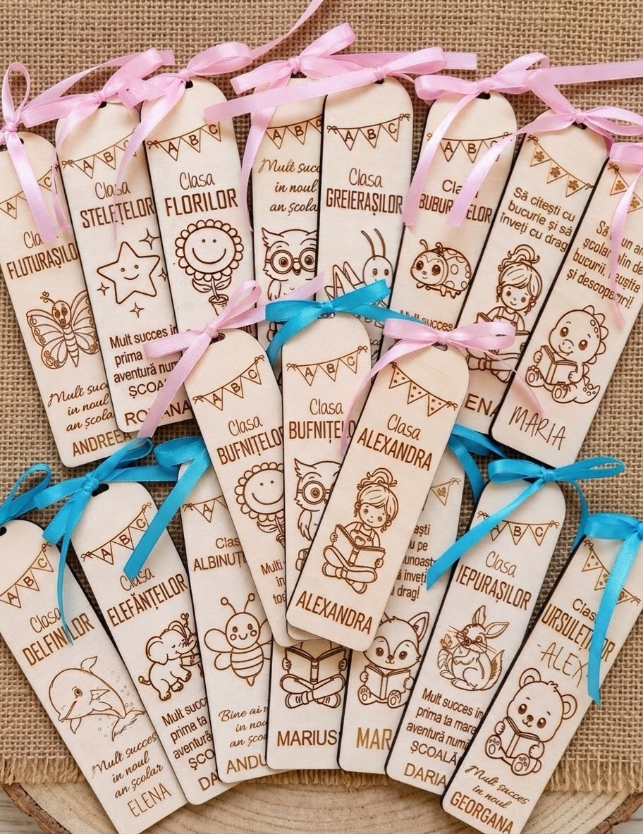 Semn de carte personalizat din lemn – Gravură laser și design jucăuș pentru copii și școlari - imagine galerie