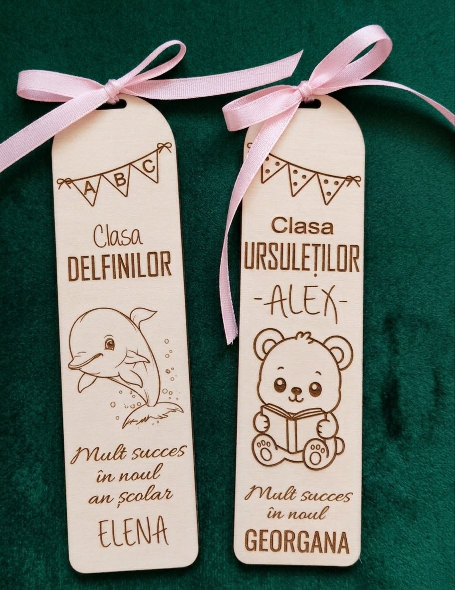 Semn de carte personalizat din lemn – Gravură laser și design jucăuș pentru copii și școlari - imagine galerie
