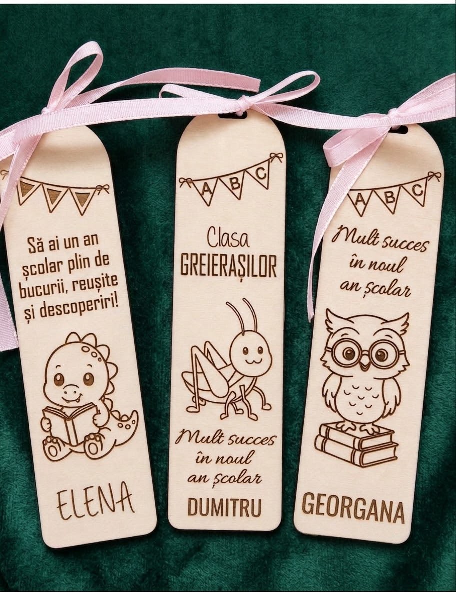 Semn de carte personalizat din lemn – Gravură laser și design jucăuș pentru copii și școlari - imagine galerie