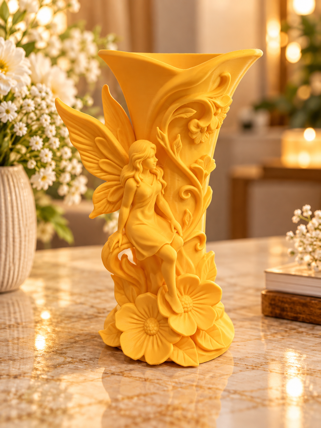 Vază decorativă 3D cu zână și flori – design fantasy