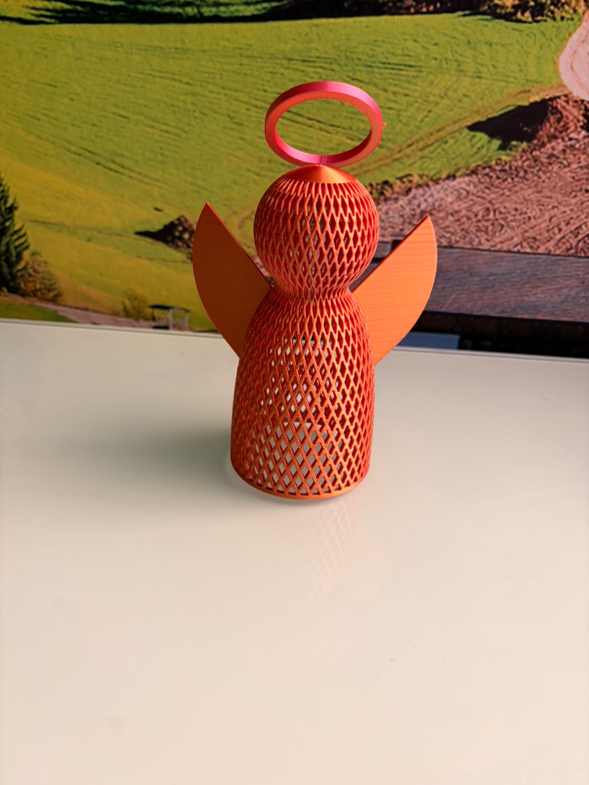 Decorațiune 3D Printată „Înger Păzitor” cu Halou și Aripile Deschise