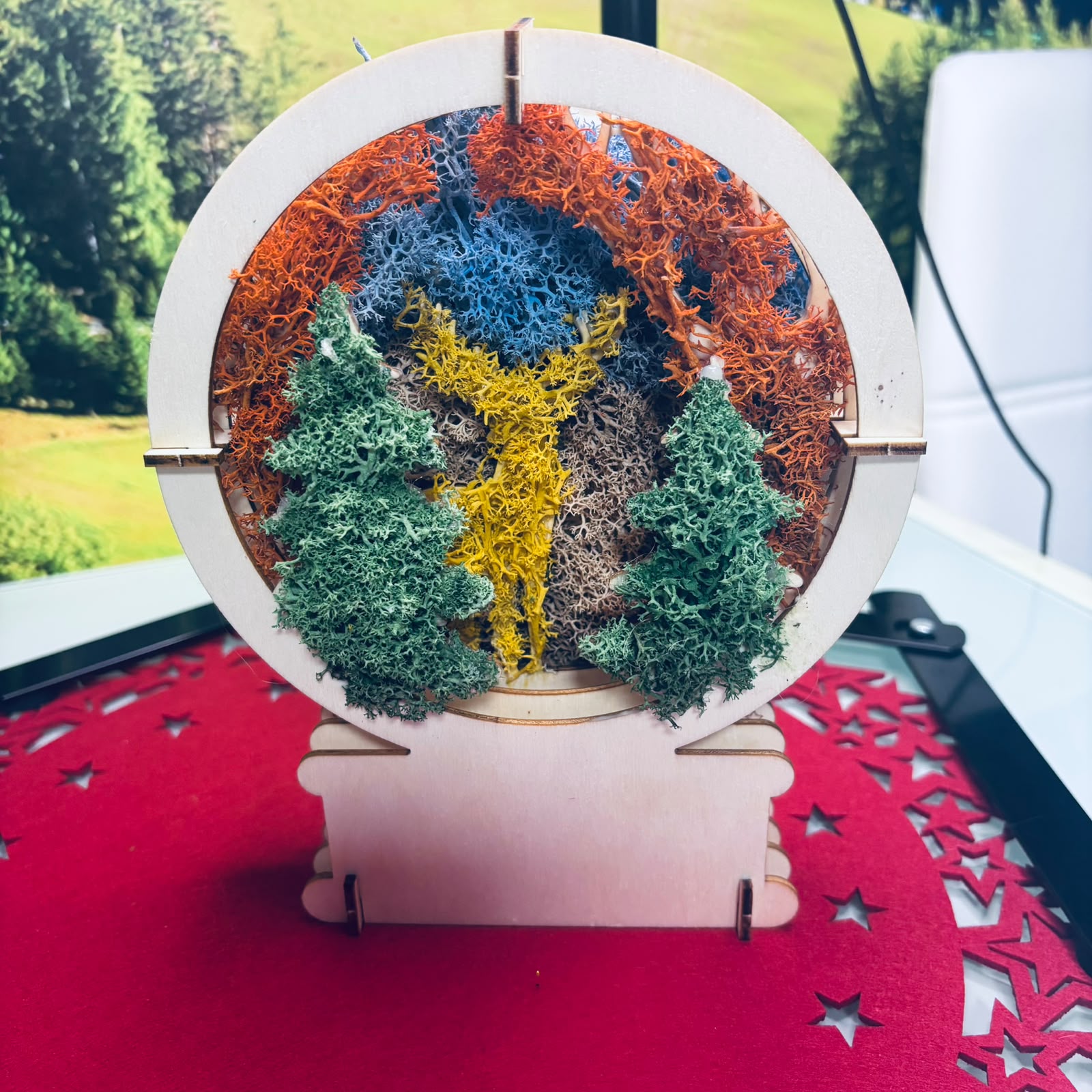 Decorațiune Rotundă 3D din Mușchi Stabilizați Naturali cu Suport de Lemn – Kasem Studio